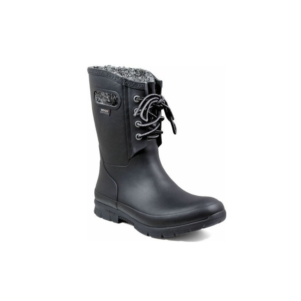 Bogs Amanda II Lace-up Rubber Rain Boots Black Waterproof Faux Fur Lined Women 9